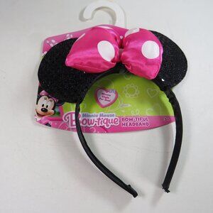 Minnie Mouse headband with sequins fabric ears, satin puffy pink polka dot bow
